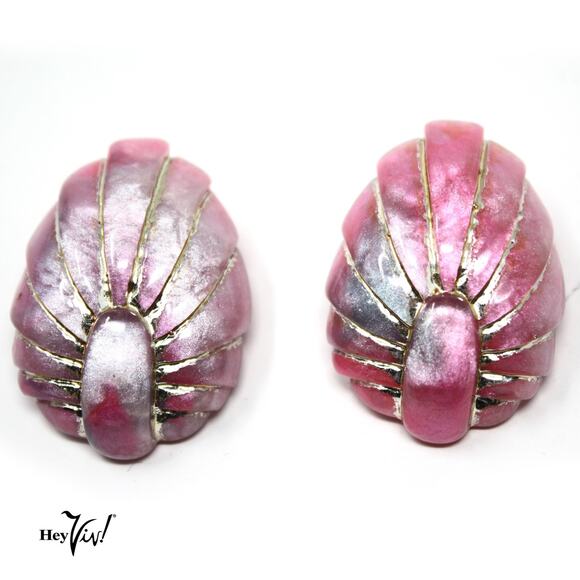 Vintage 80s Statement Earrings Shiny Pink Marbleized Plastic w Silver - Hey Viv - Picture 1 of 4